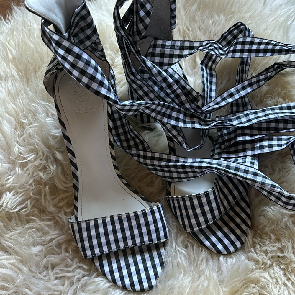 Guess gingham tie up sandals with a heel